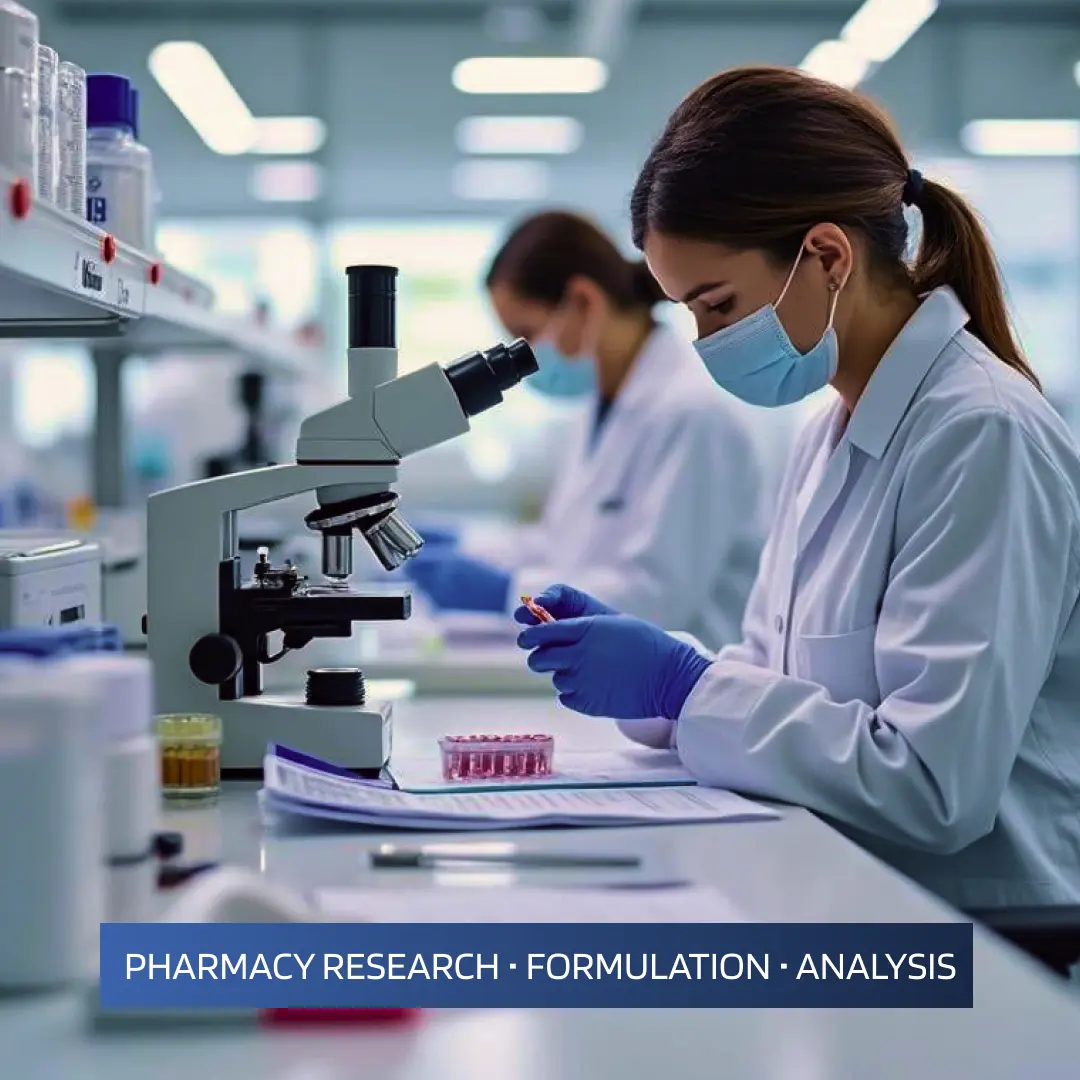 Pharmacy researcher working with laboratory equipment and research materials